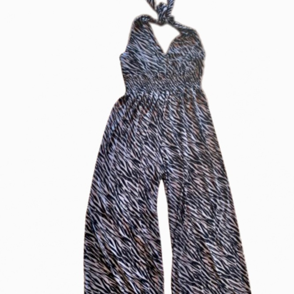 NWT Bodafa Silk Jumpsuit Zebra Print Halter Top High Empire Waist Wide L😍